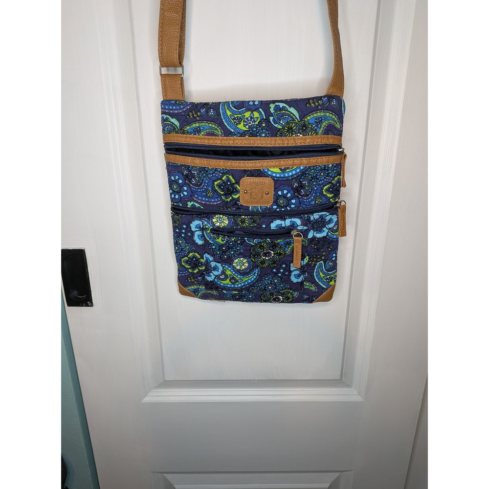 Stone Mountain Paisley Floral Crossbody Bag Navy Blue Teal Tan Trim Organizer
